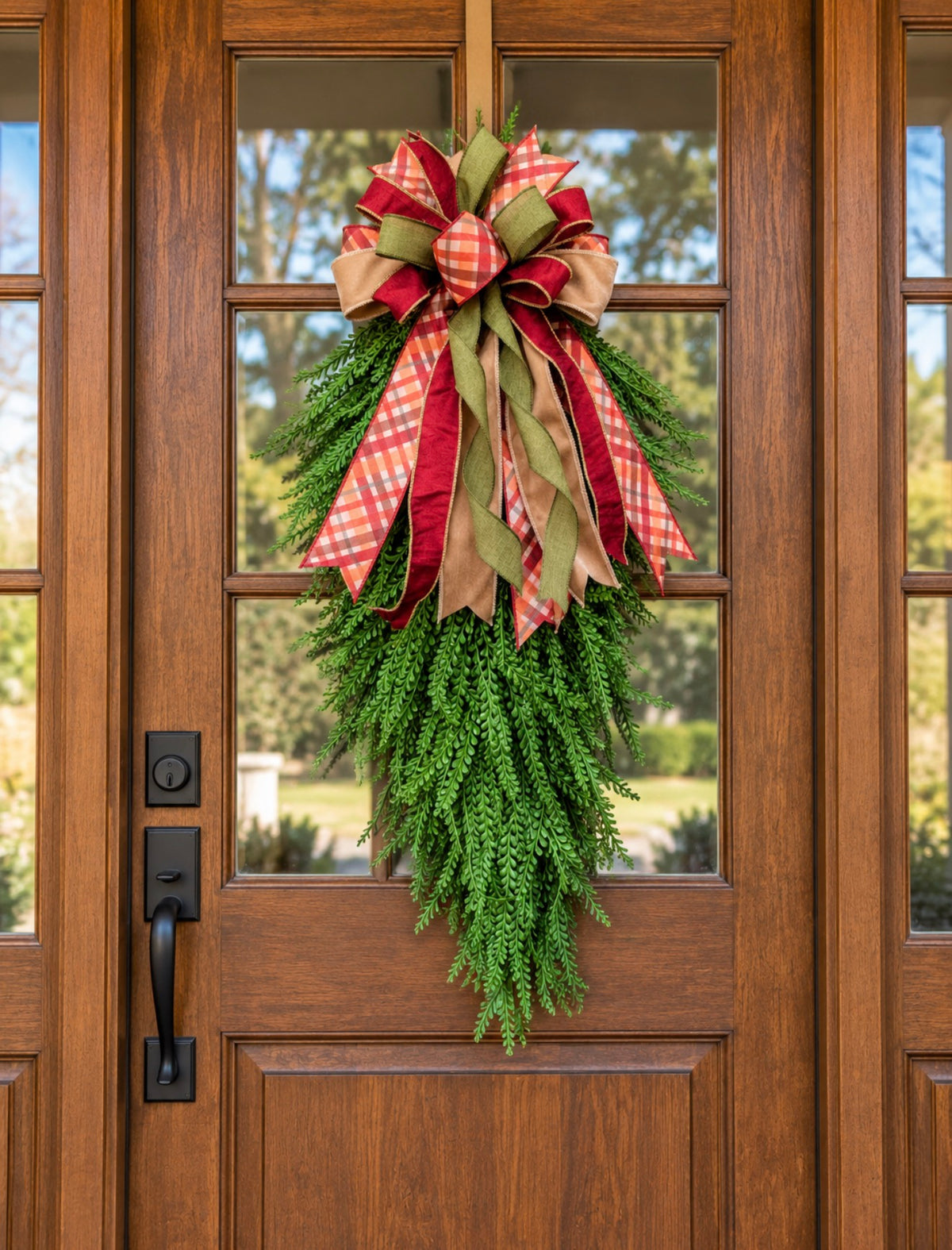 Beadgrass teardrop swag with a hand-tied coral plaid, cranberry, moss green, and toffee ribbon bow on a wood front door