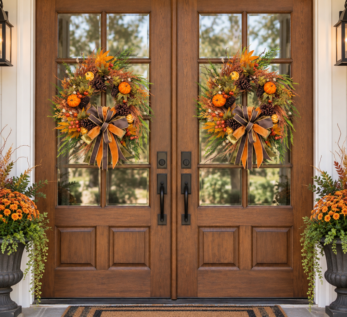 24 inch Aspen Leaf Wreath with designer plaid bow on double front doors