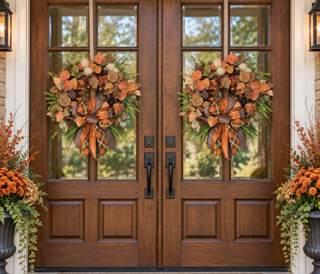 24 inch Pumpkin and Pinecone Wreath on double front doors